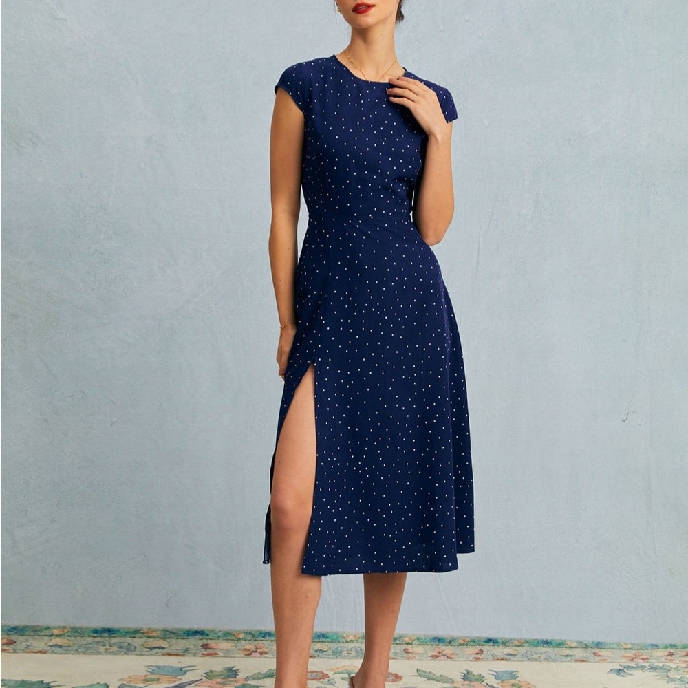 RIHOAS Navy Blue Midi Dress with White Dots